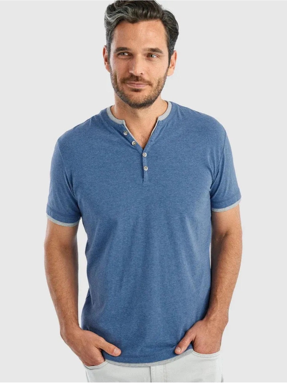 johnnie-O Heathered Blue Short-Sleeve Henley with Contrast Trim